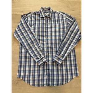 Peter Millar Button Down Shirt Long Sleeve Blue Plaid Men’s Large 100% Cotton